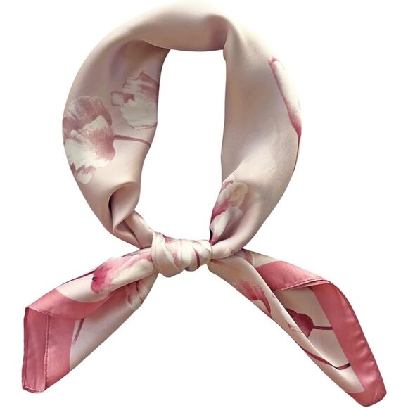 Silk Feeling Scarf Medium Square Satin Head 04 Pink Floral - Picture 1 of 7